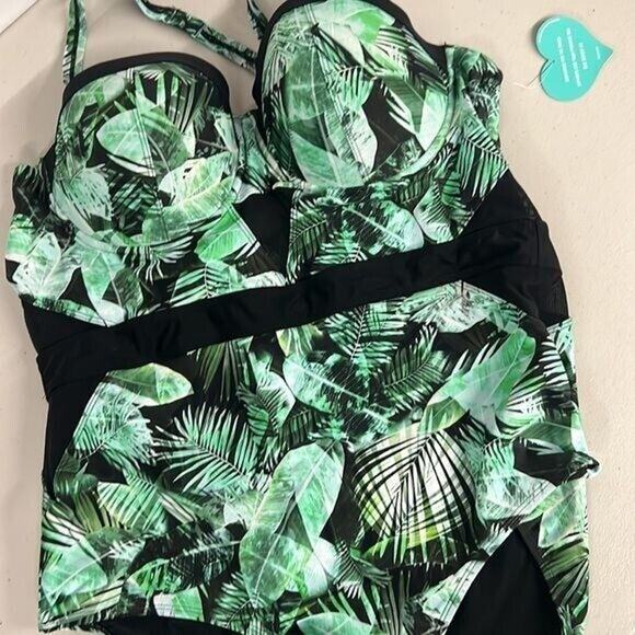 Torrid SZ 5X 28 One piece Vixen Collection Swimsuit palm leaf swim green mesh - Picture 2 of 8